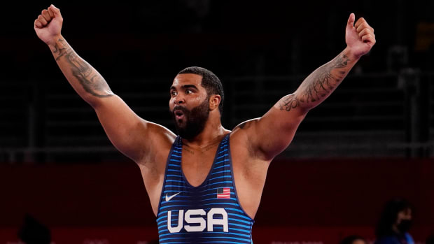 Olympic wrestler Gable Steveson celebrates.